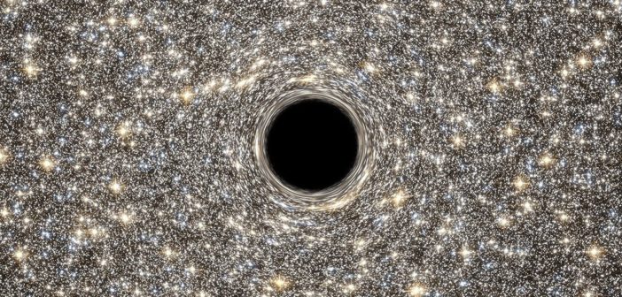 Simulated image of a black hole warping light from background stars