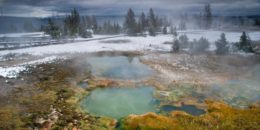 Two hot springs melt the surrounding snow in Yellowstone National Park