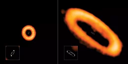 Rings of emission that are misaligned with the binary orbit (left) and aligned with the binary orbit