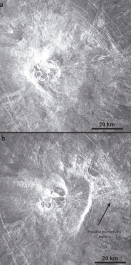 Two aerial views of Idunn Mons, showing an area roughly 80 km across. The area near the top of the volcano is radar bright, as well as several cracks or stripes arrayed around the volcano.