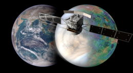 An artist's impression of the EnVision spacecraft in front of an image of the Earth and an image of Venus that is half clouds and half radar data