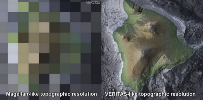 Left panel: Simulated image of Hawaii with huge square pixels, labeled "Magellan-like topographic resolution." Right panel: Detailed image of Hawaii labeled "VERITAS-like topographic resolution."