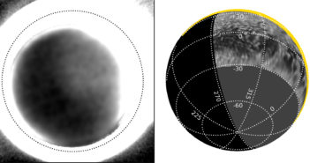 Grayscale image of Pluto's nightside and diagrams showing Pluto's orientation