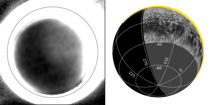 Grayscale image of Pluto's nightside and diagrams showing Pluto's orientation