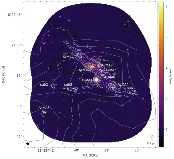 An image of the dark cloud, with distinct clumps of dust that have higher fluxes.