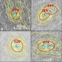 greyscale images of four cores with contours of the hydrogen column density and ellipses marking the diameters of the cores