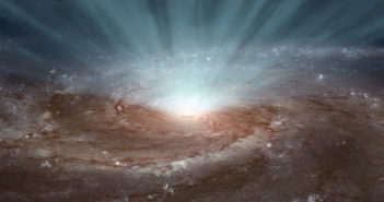 spiral galaxy with winds emanating from the center in a broad cone