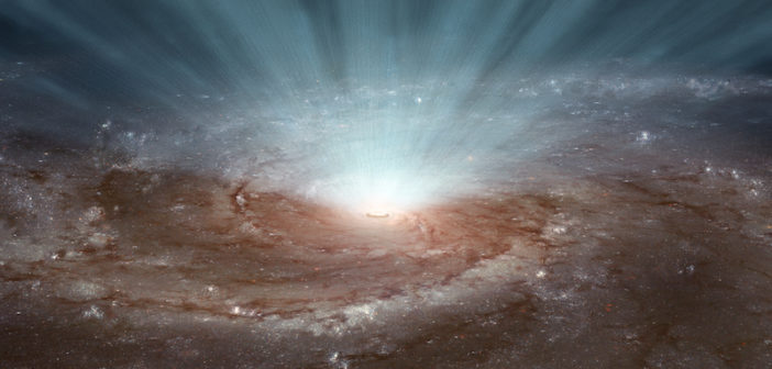 spiral galaxy with winds emanating from the center in a broad cone