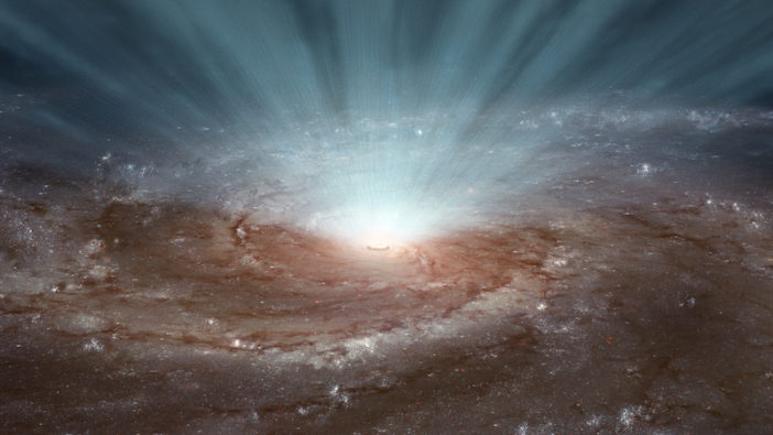 spiral galaxy with winds emanating from the center in a broad cone