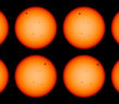eight images of Venus passing in front of the Sun, which has sunspots scattered across its surface