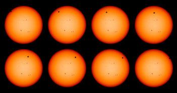 eight images of Venus passing in front of the Sun, which has sunspots scattered across its surface