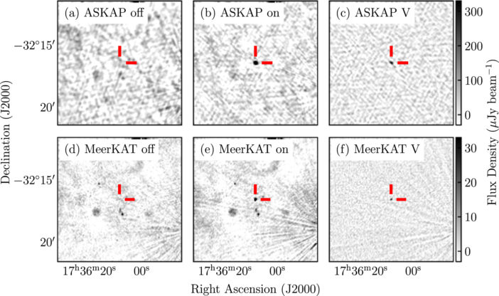 six views of the field of view containing the source, showing detections by ASKAP and MeerKAT