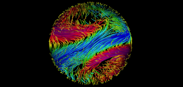 multicolored lines twist and curve around a simulated planet
