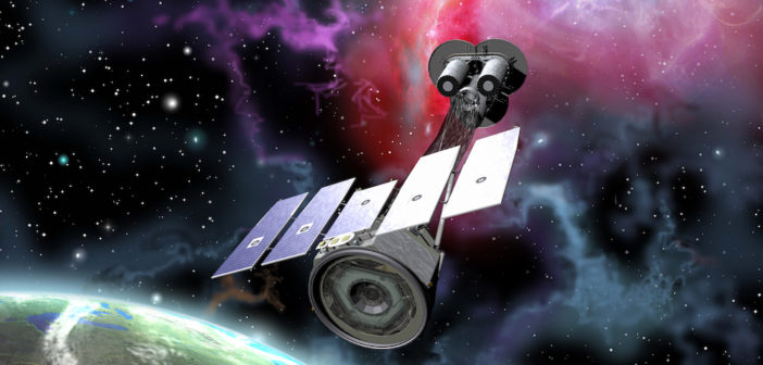 artist's rendition of the Imaging X-ray Polarimetry Explorer (IXPE) spacecraft with Earth in the background