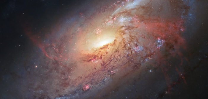 dark dust lanes spiral around the glowing central bulge of M106