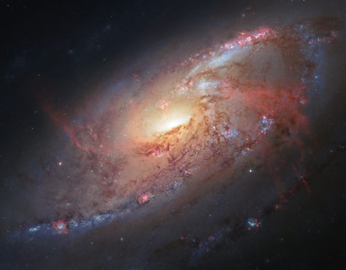 dark dust lanes spiral around the glowing central bulge of M106