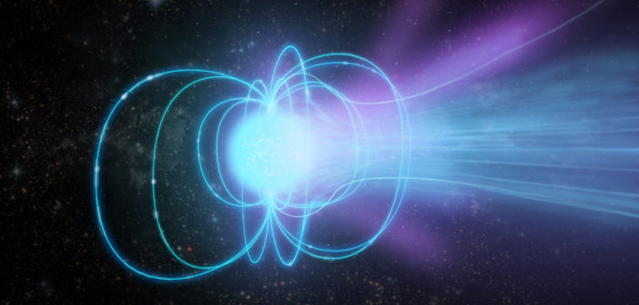 a glowing sphere is surrounded by magnetic field lines. a bright burst of energy extends from one side of the sphere