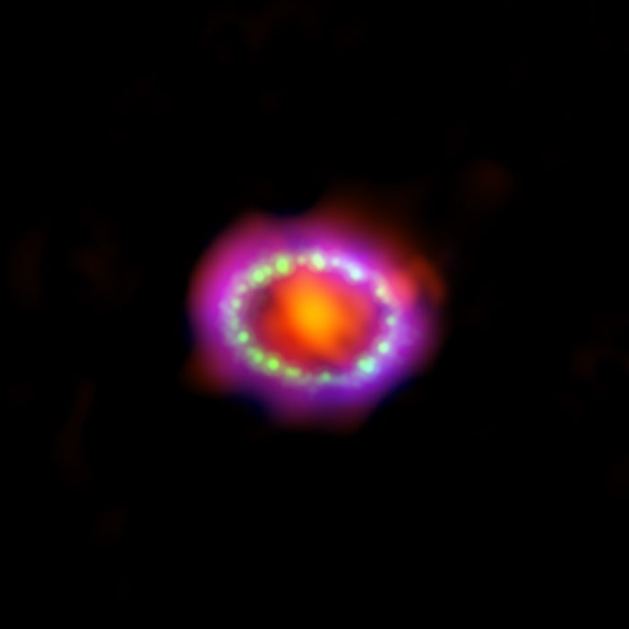 composite X-ray, optical, and millimeter image of supernova 1987A