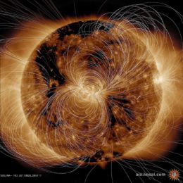 extreme-ultraviolet image of the sun with a magnetic field model overlaid