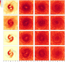 Simulations of the magnetic field of the merger (shown as spirals getting tighter over time)