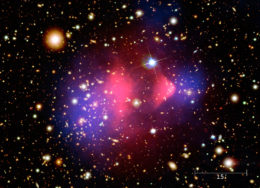 Bullet cluster (two galaxy clusters colliding)