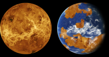 Hydrate or Die-drate: Was Venus Ever Habitable? side-by-side images of Venus's surface today and an imagining of what its surface might have looked like in the past