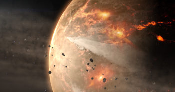 illustration of rocky material bombarding the young Earth