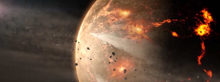 illustration of rocky material bombarding the young Earth
