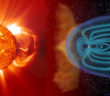 Illustration of the sun setting off a coronal mass ejection headed to Earth and it hitting Earth's magnetosphere