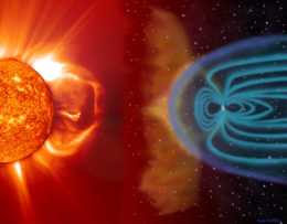 Illustration of the sun setting off a coronal mass ejection headed to Earth and it hitting Earth's magnetosphere