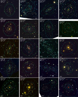 grid of 20 images of galaxy clusters with contours indicating mass, distance from the brightest cluster galaxy, and magnification