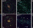grid of 8 images of galaxy clusters with contours indicating mass, distance from the brightest cluster galaxy, and magnification