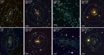 grid of 8 images of galaxy clusters with contours indicating mass, distance from the brightest cluster galaxy, and magnification
