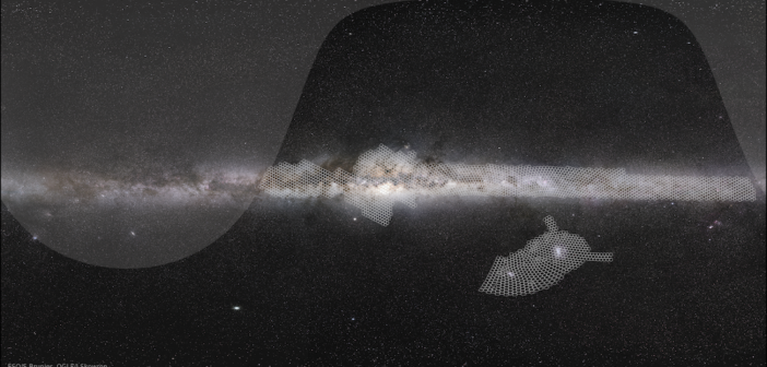Map of the observing area for the fourth phase of the Optical Gravitational Lensing Experiment overlaid on a picture of the milky way