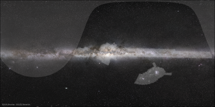 Map of the observing area for the fourth phase of the Optical Gravitational Lensing Experiment overlaid on a picture of the milky way