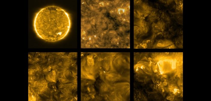 collage of six views of the sun from solar orbiter