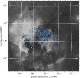 map of the nebular complex with locations of the sample stars overlaid