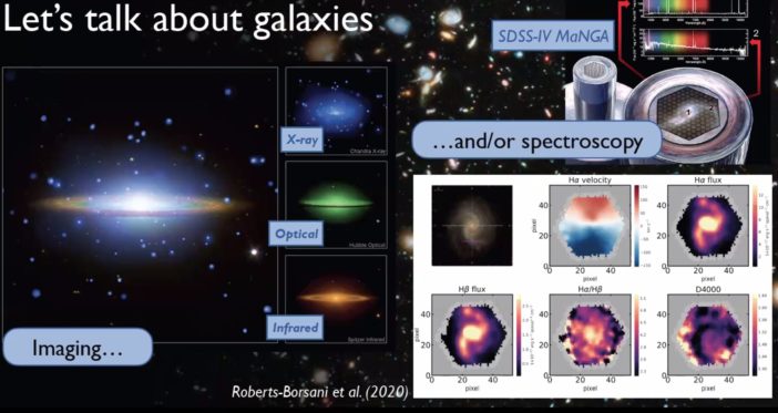 mosaic of a galaxy image on the left and spectroscopic studies on the right
