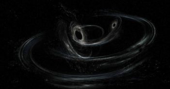 Artist's depiction of two black holes nearing a merger.