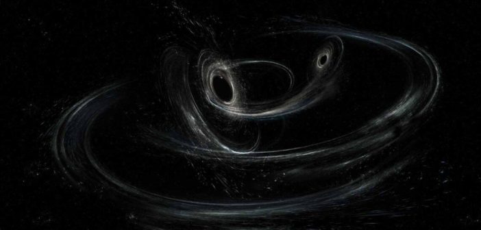 Artist's depiction of two black holes nearing a merger.
