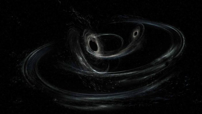 Artist's depiction of two black holes nearing a merger.