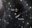 illustration of the hubble and gaia spacecraft working together