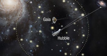 illustration of the hubble and gaia spacecraft working together
