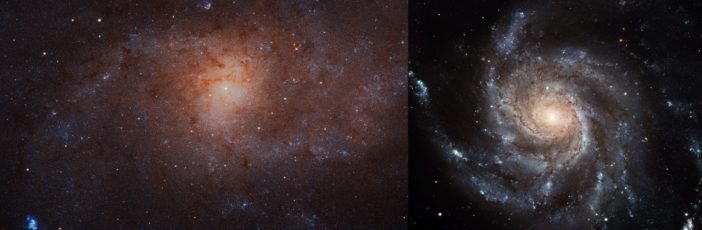comparison of a flocculent spiral galaxy and a grand design spiral galaxy