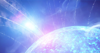 Zoom-in of the surface of a magnetar with a bright burst erupting from it with magnetic field lines surrounding it