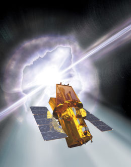 An illustration of the Neil Gehrels Swift Observatory in front of a gamma-ray burst