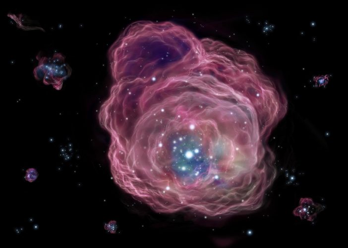 artist's impression of the first stars in the universe going supernova