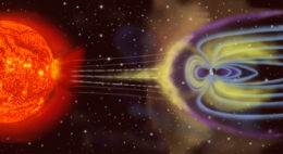 illustration of solar particles impinging on the magnetosphere