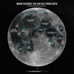 Title "Moon features you can see from Earth for Northern Hemisphere observers" and different maria and craters labeled