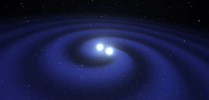 illustration of two neutron stars approaching a merger.
